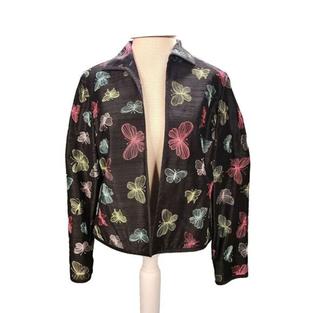 Peck and Peck Vintage Black 100% Silk Open Jacket SZ 6 Embroidered Butterflies